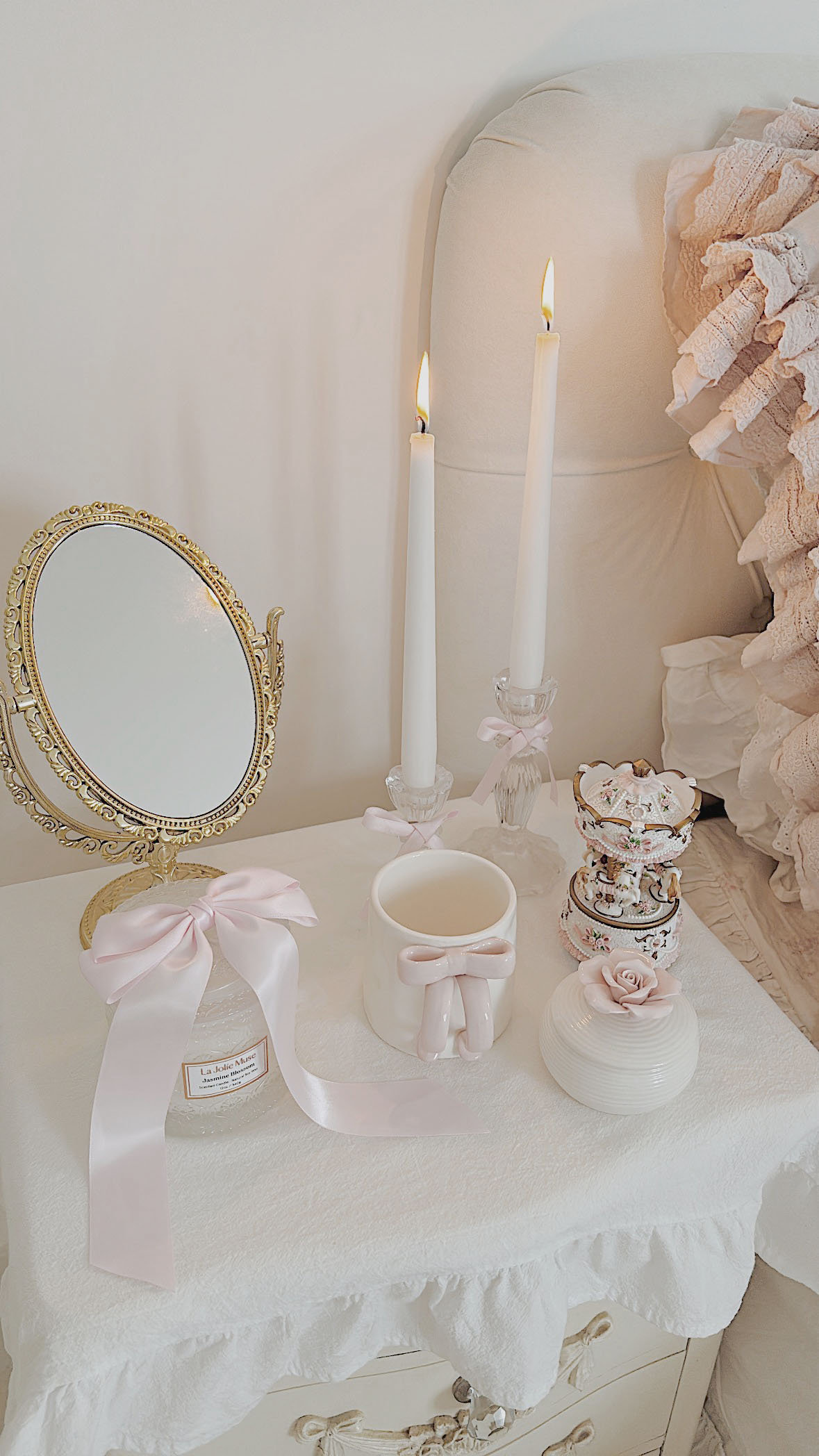 Shabby chic nightstand styling with romantic bedroom decor
