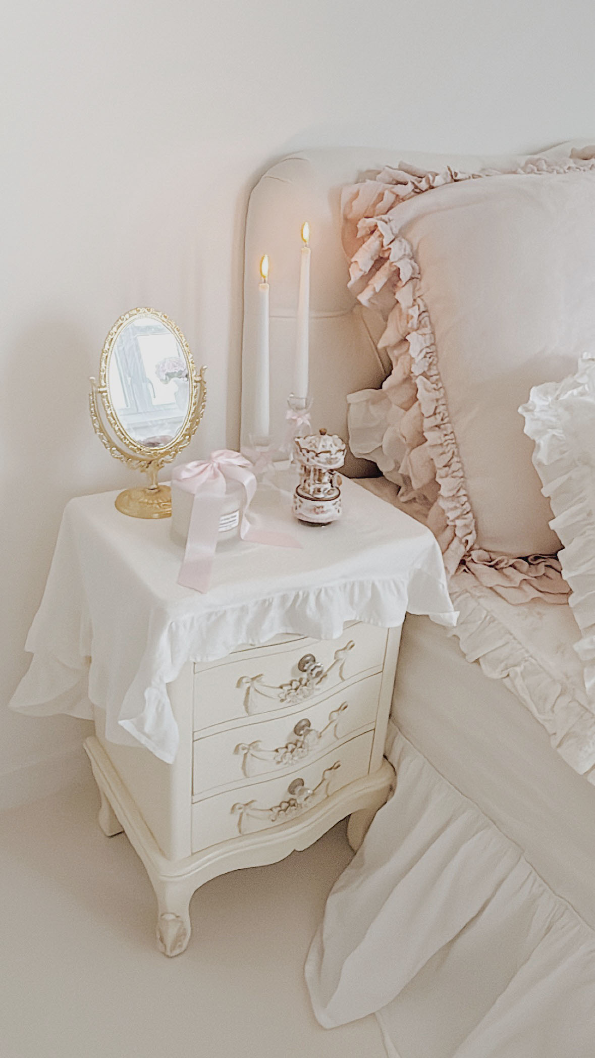 omantic Shabby Chic Bedroom with Ruffled Bedding and Pink Roses