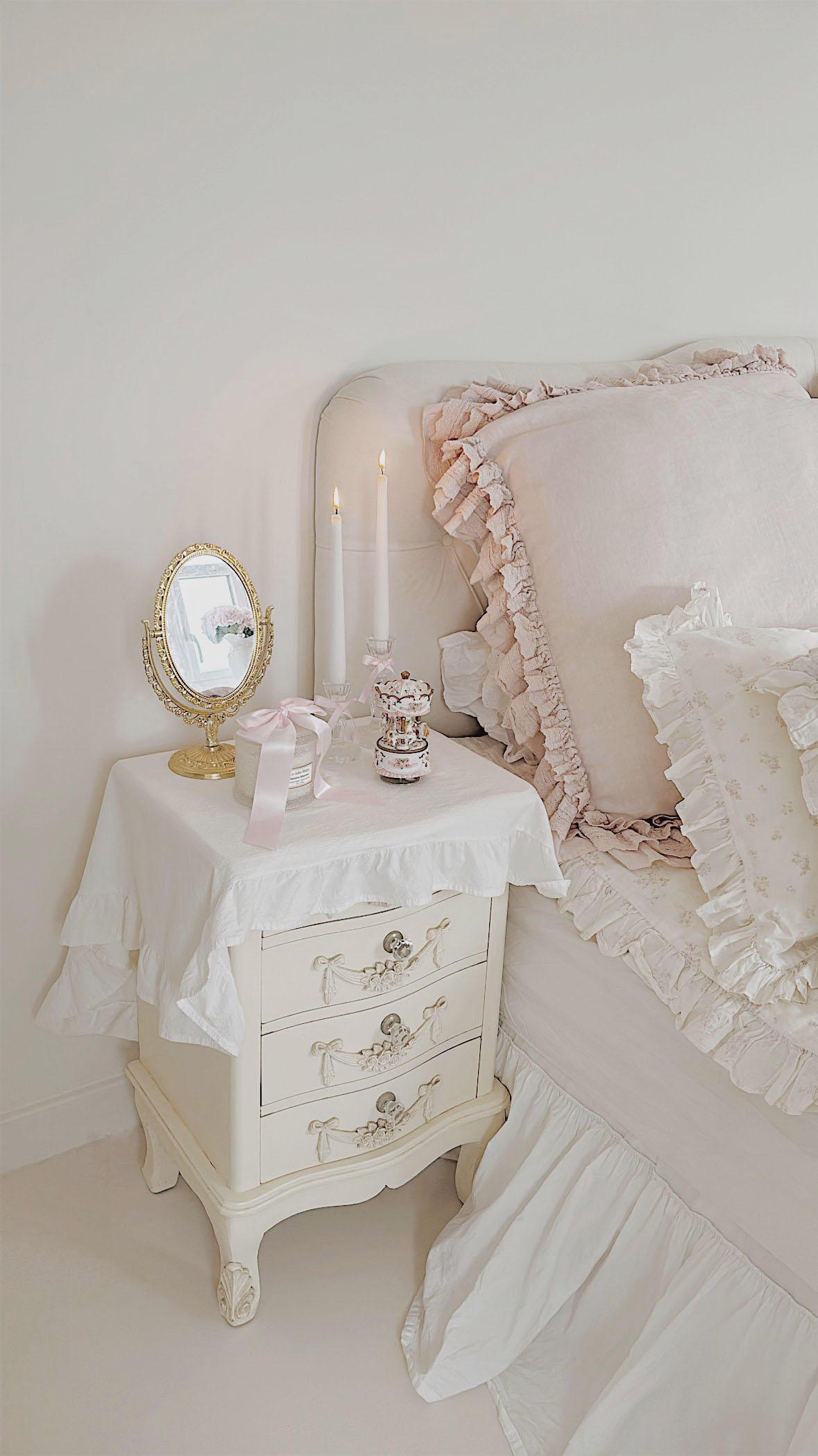 Shabby chic nightstand styling with romantic bedroom decor