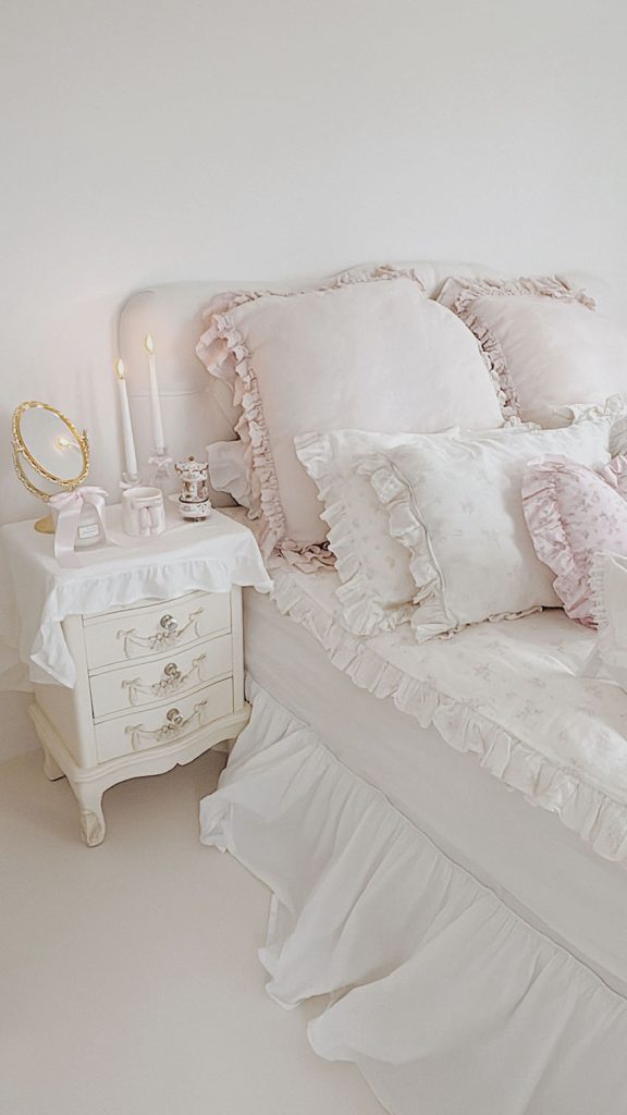 Shabby chic nightstand styling with romantic bedroom decor