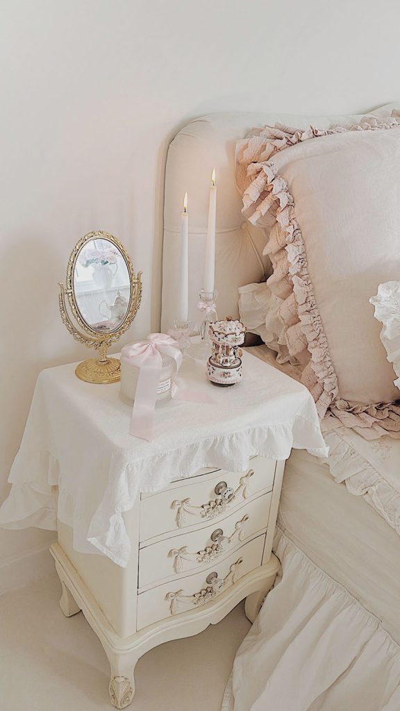 Shabby chic nightstand styling with romantic bedroom decor