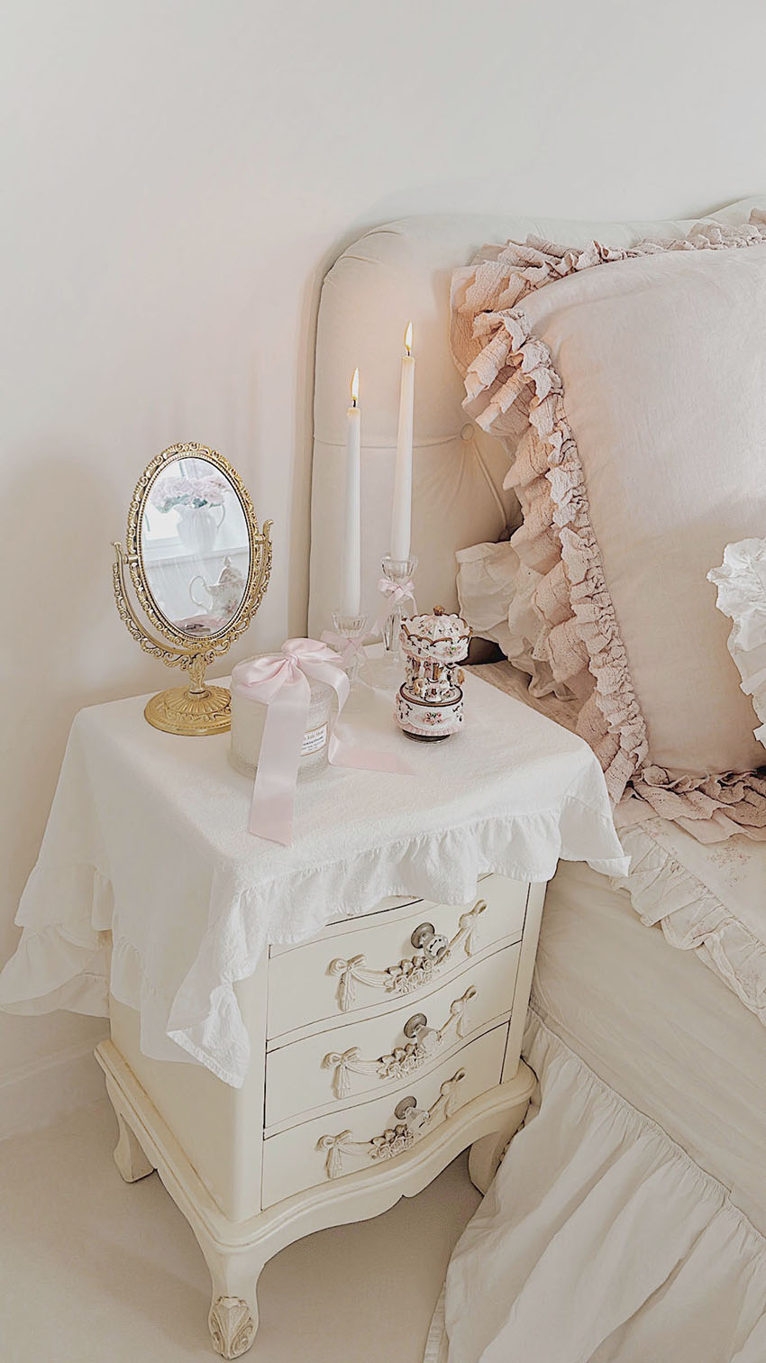 Shabby chic nightstand styling with romantic bedroom decor